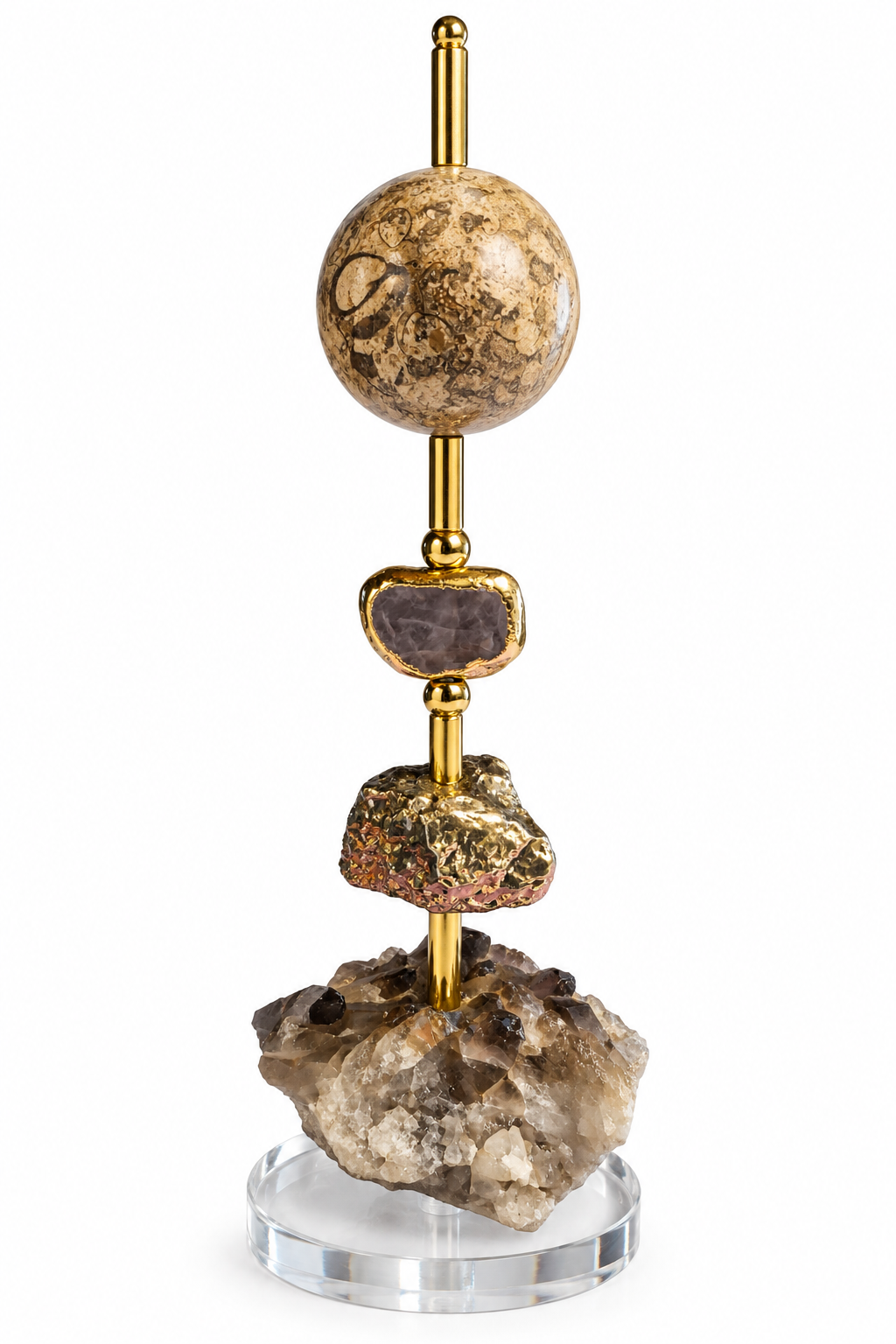 Escultura Decorativa em Ágata Fóssil e Quartzo Fumê com Detalhes Dourados – 32 cm
