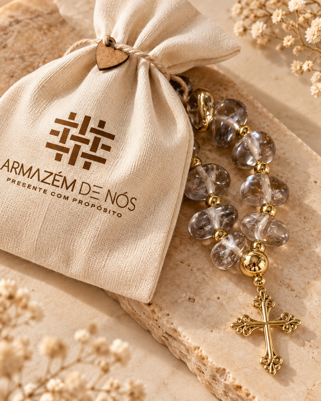 Terço Decorativo em Quartzo Fumê Natural com Cruz Dourada