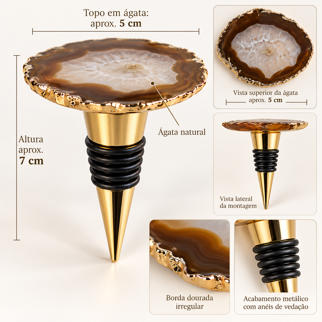 Conjunto para Vinho em Ágata Natural com Borda Dourada – Platter + Stopper (variação 3)