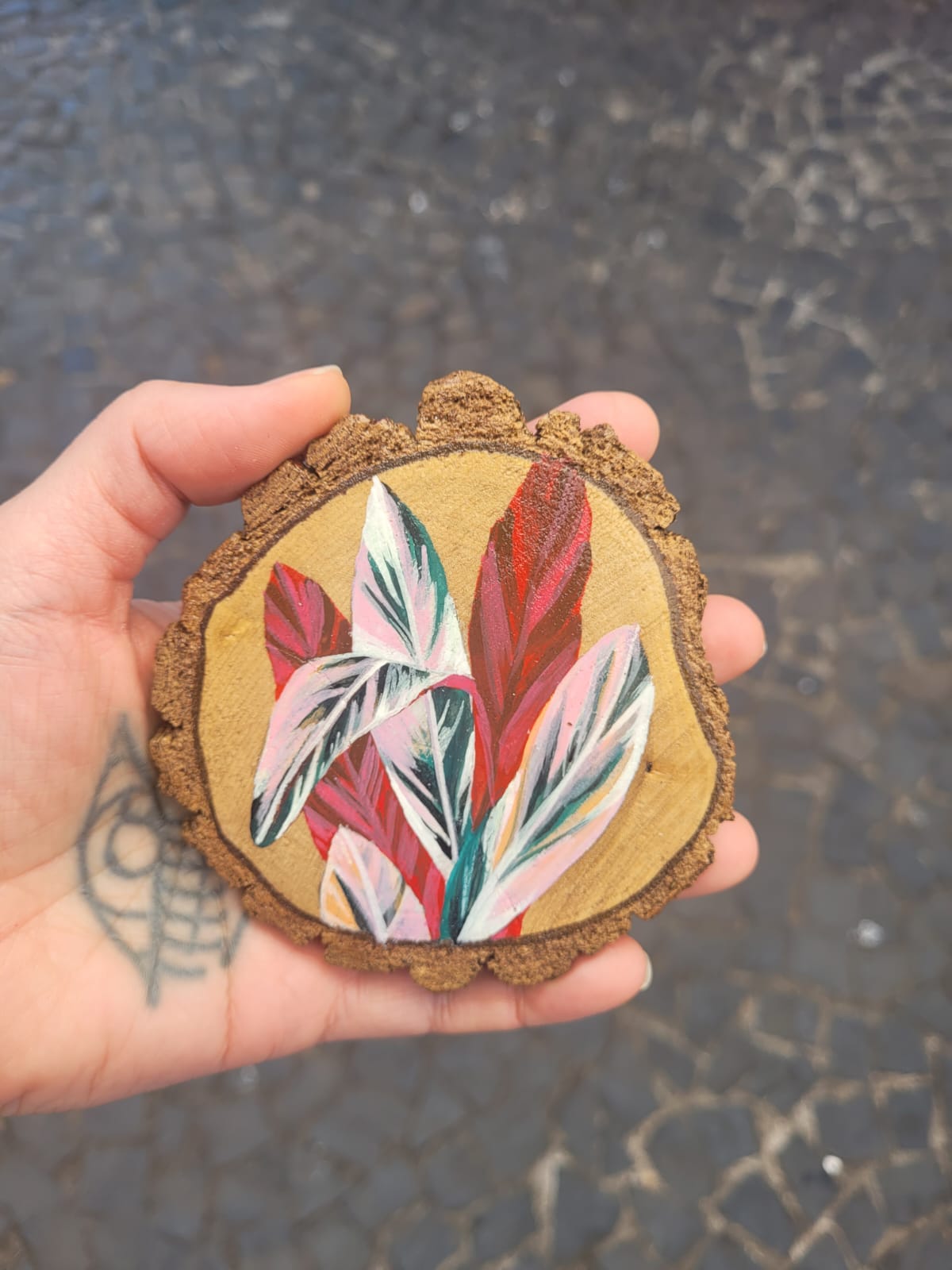 Bolacha de madeira porta copos - Folhagem Maranta