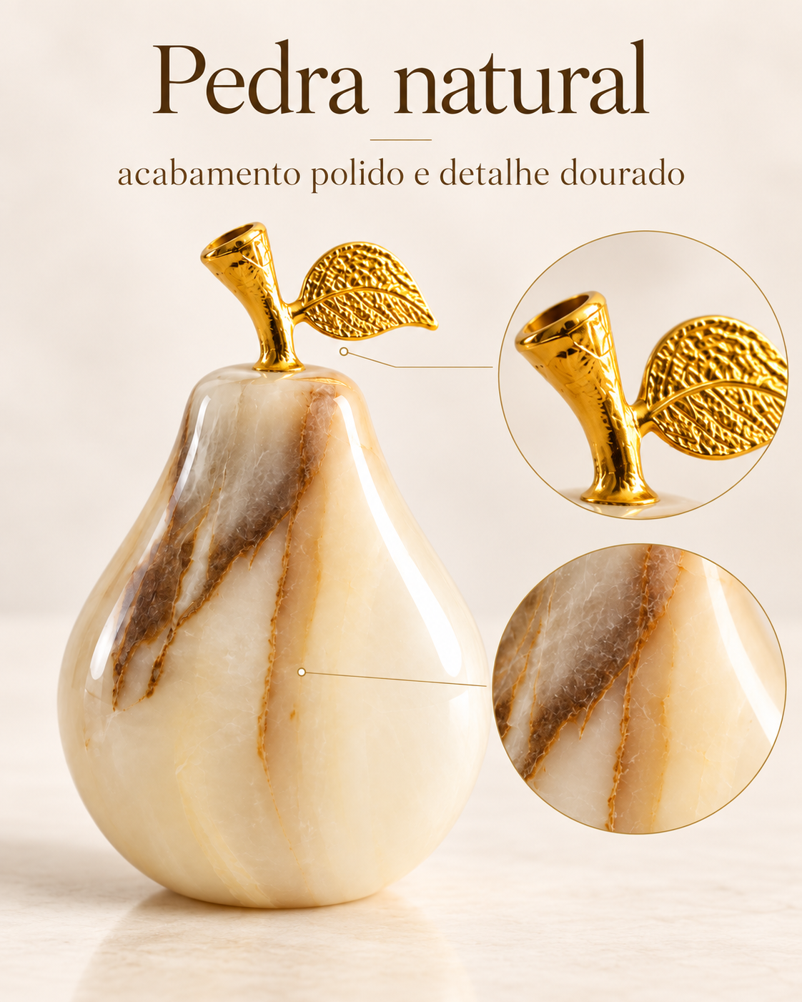 Pera Decorativa em Ônix Paquistanês Pedra Natural com Detalhe Dourado