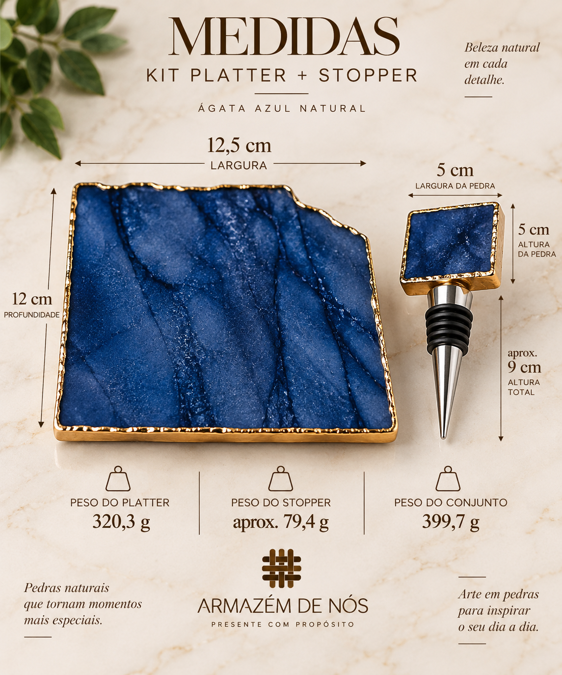 Kit Platter + Stopper em Ágata Azul Natural com Borda Dourada