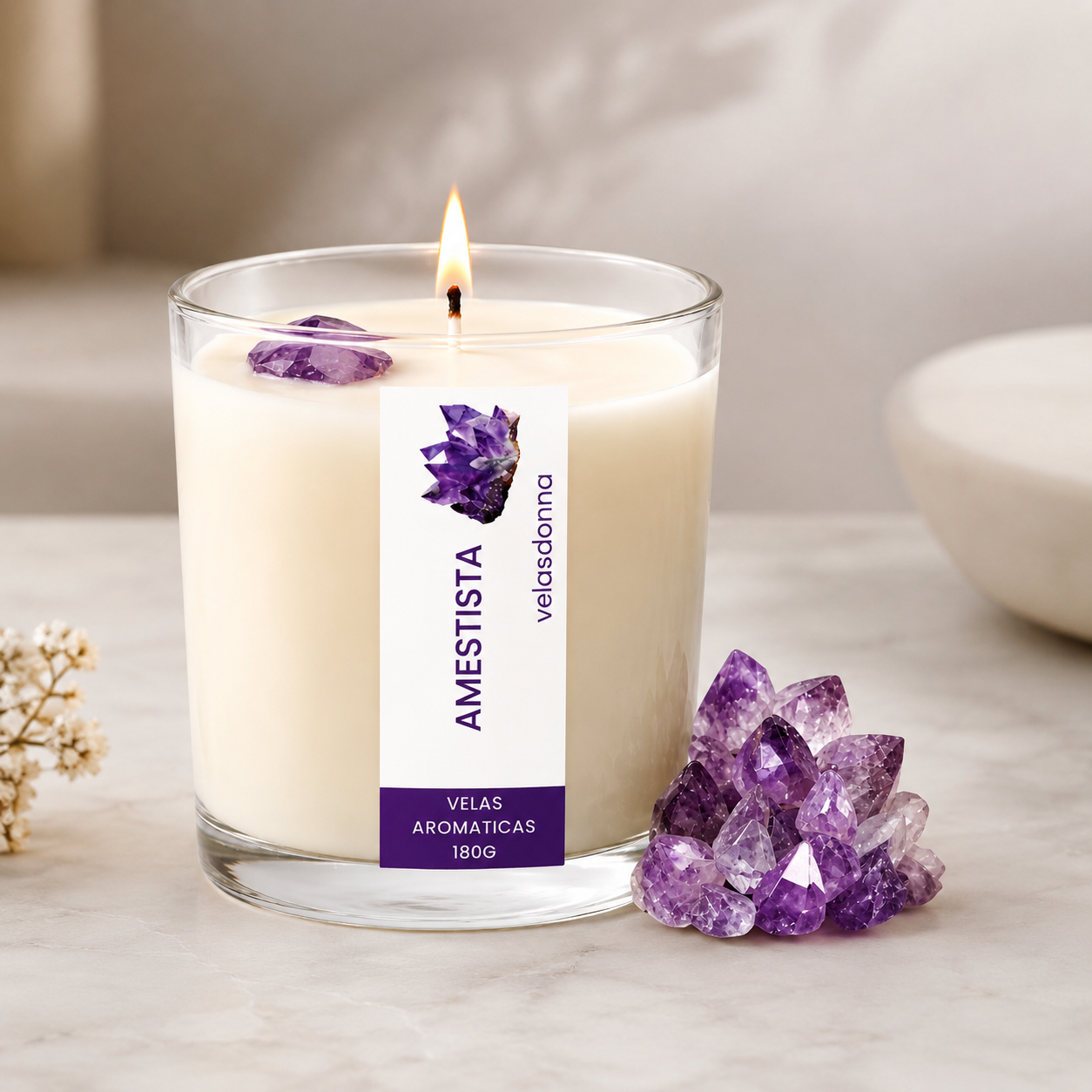 Vela Aromática Lavanda Com Ametista 180g Artesanal Premium