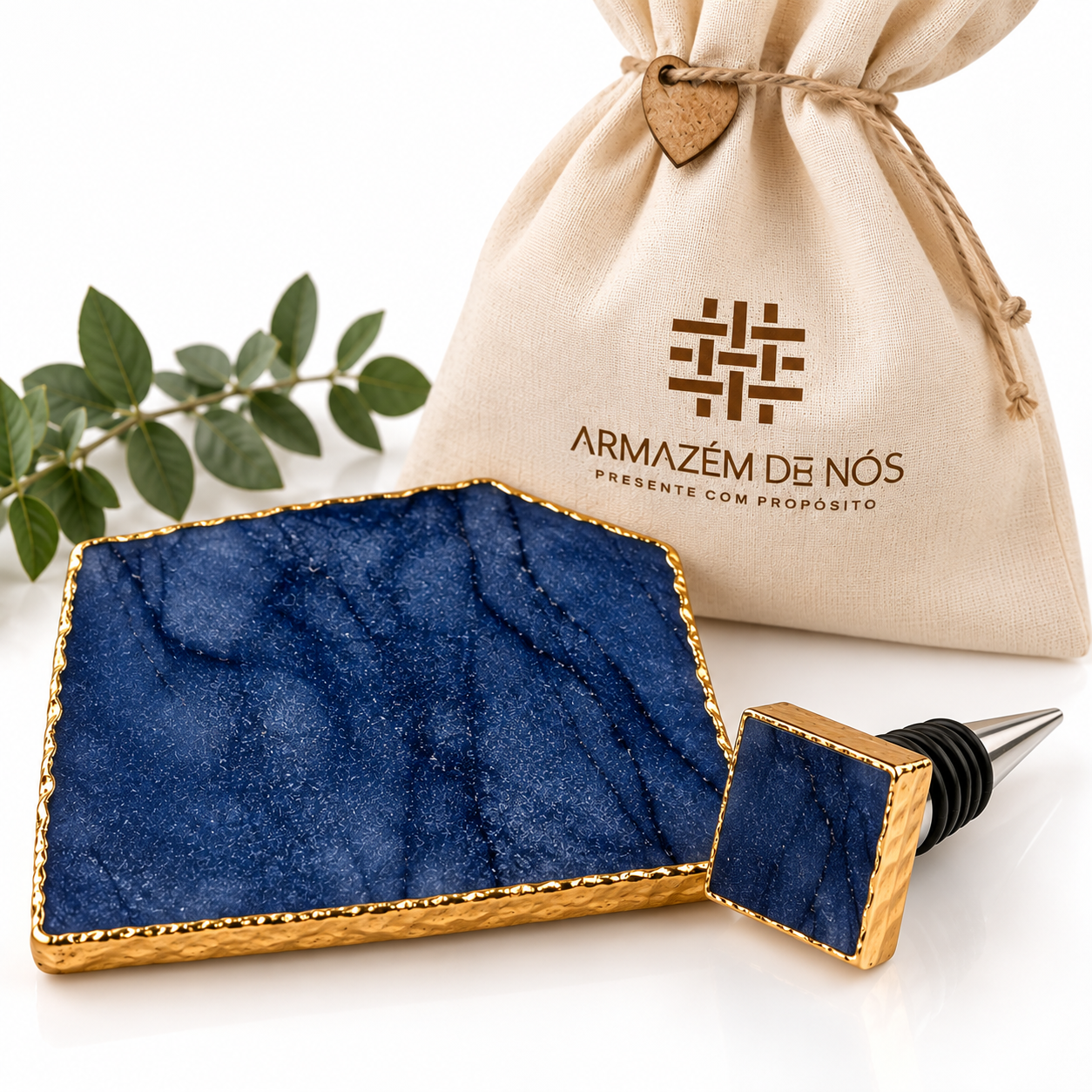 Kit Platter + Stopper em Ágata Azul Natural com Borda Dourada